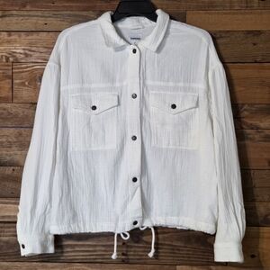 100% Cotton Gauze Shacket Shirt Jacket XL White Crinkle Drawstring Hem
